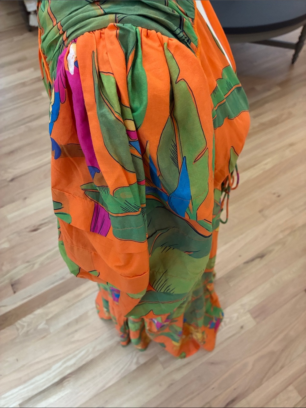 Women’s Orange Tropical Print Maxi Dress with Puff Sleeves - Picture 9 of 11